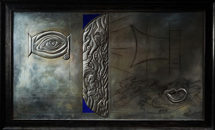 The Great Flood, History Weeps for the Future, 2008 Tin-plated steel, enamel paint, china marker, oak frame, 36 x 49 in.
